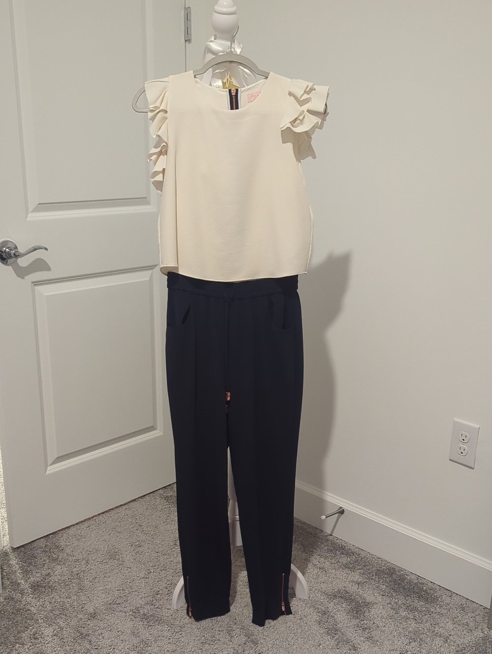 Ted Baker Cream Ruffle Sleeve Top with Navy Trousers